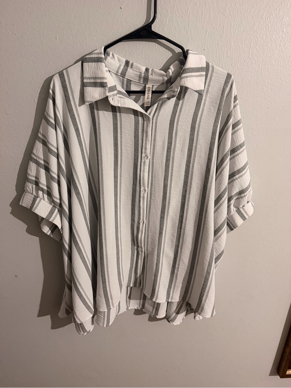 Zenana Outfitters White and Gray Vertical Stripe Button-Down Shirt
